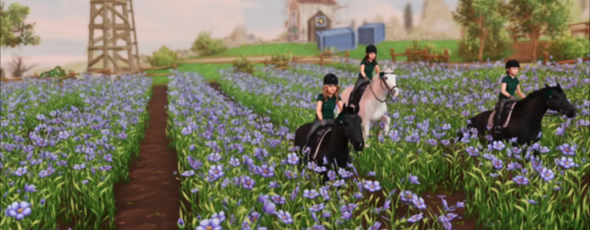 Mitglieder der Silver Werewolves zu Pferd in einem Blumenfeld auf Jorvik
